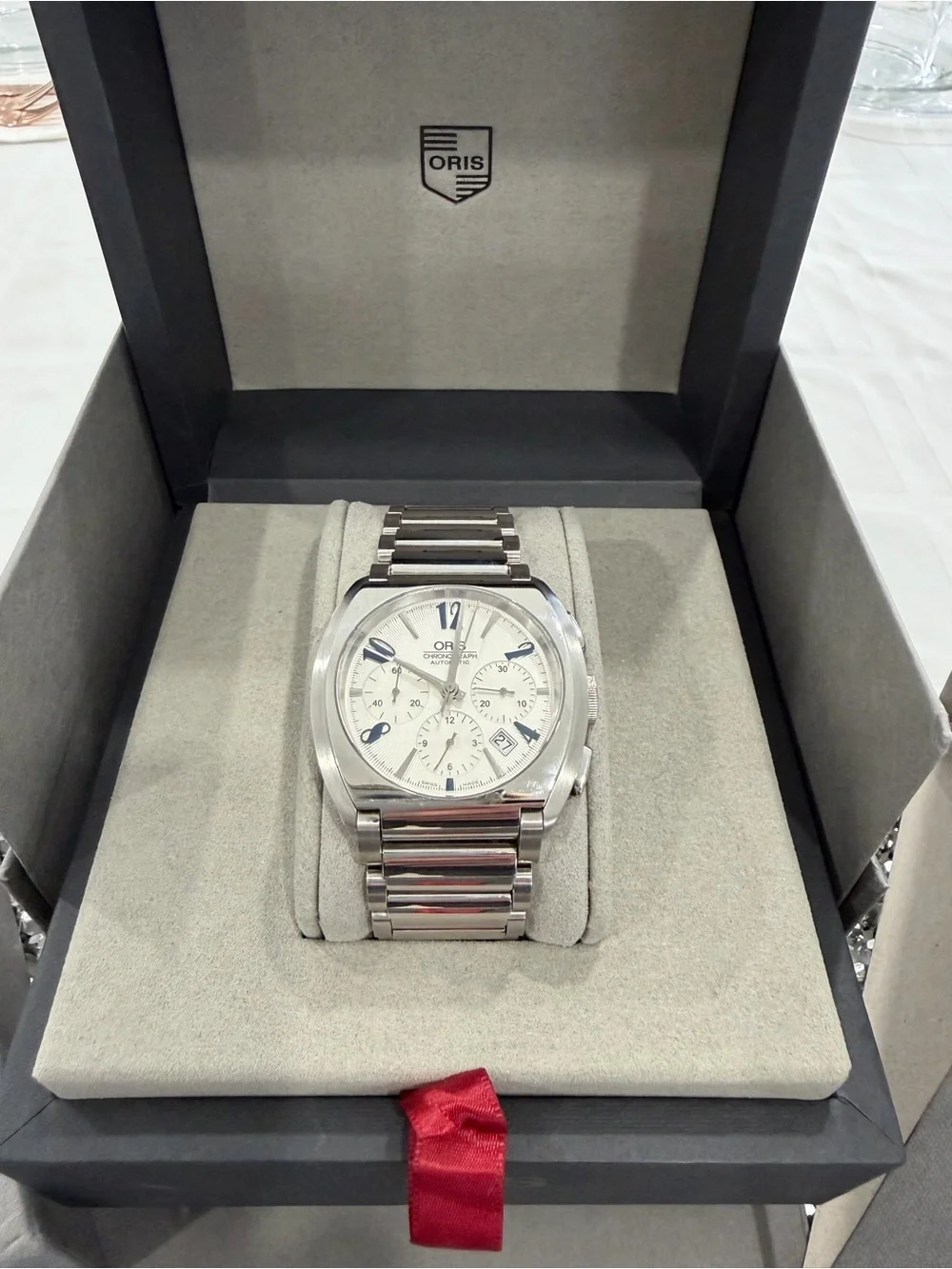 Oris Silver and Blue Automatic Chronograph Wristwatch